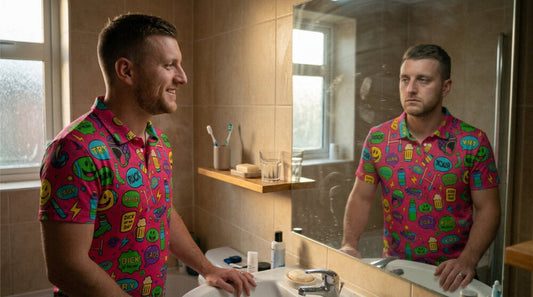 Man Wearing a Shit Shirt Smiling in The Mirror but the Reflection Looks Sad