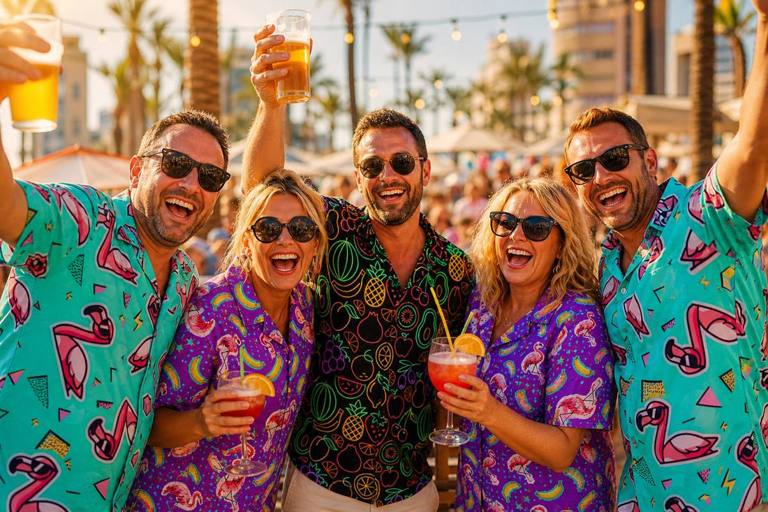 Group of five friends in loud print holiday shirts laughing outside a bar on a sunny Benidorm resort strip