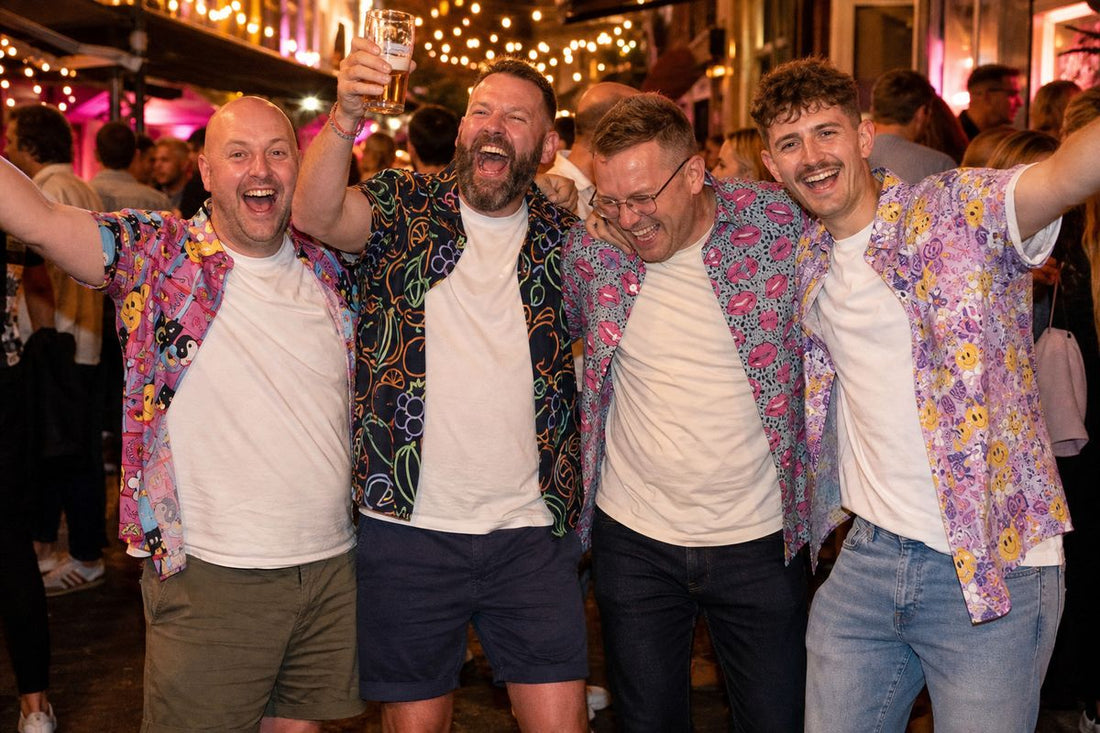 British lads in loud shit shirts laughing together on a night out