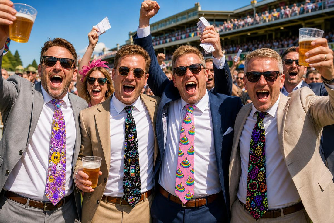 Group of men in suits celebrating at a race day, all wearing bright printed novelty ties
