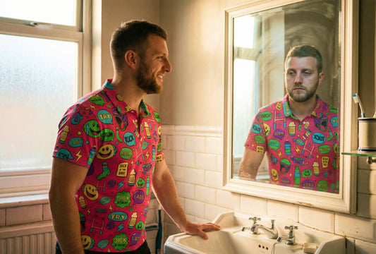 Man looking in the mirror with a sad reflection