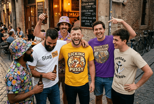 Men on stag-do wearing funny t-shirts