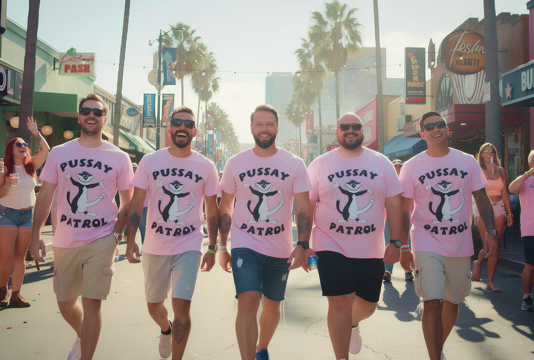 5 Men Walking Down the Strip In Pussay Patrol Shit Shirts