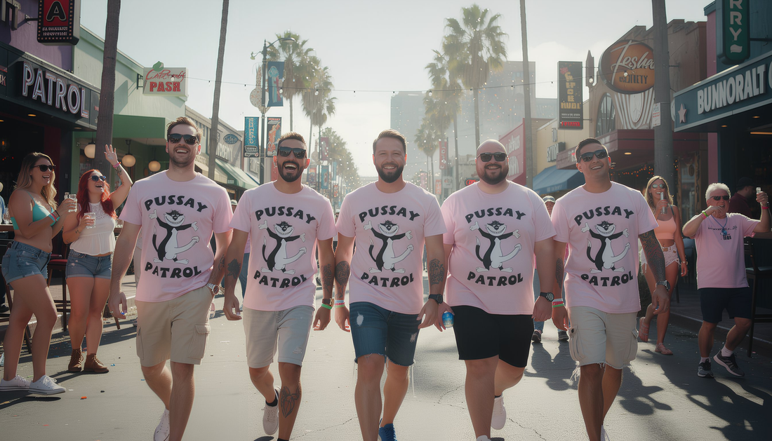 Five Men On A Stag Do Wearing Pussay Patrol Shit Shirts