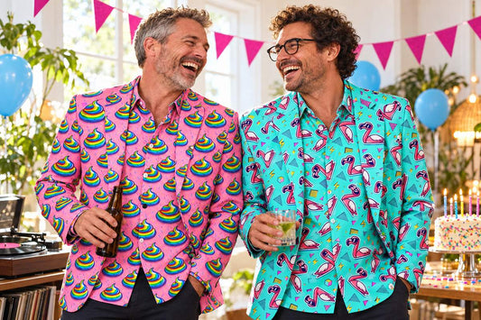 Two friends at a birthday party wearing Unicorn Shit and Flamingo Fandango blazers with matching shirts