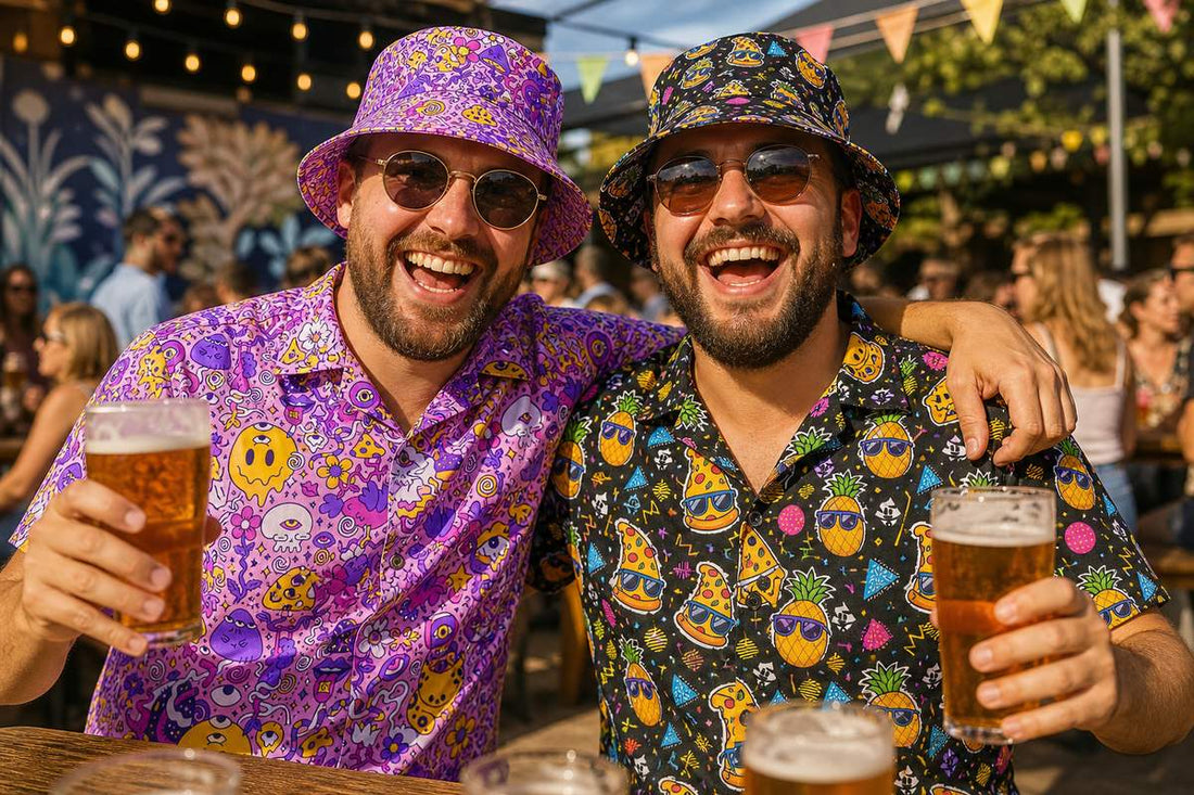 Two mates in loud printed bucket hats and matching shirts laughing together in the sunshine