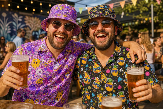 Two mates in loud printed bucket hats and matching shirts laughing together in the sunshine