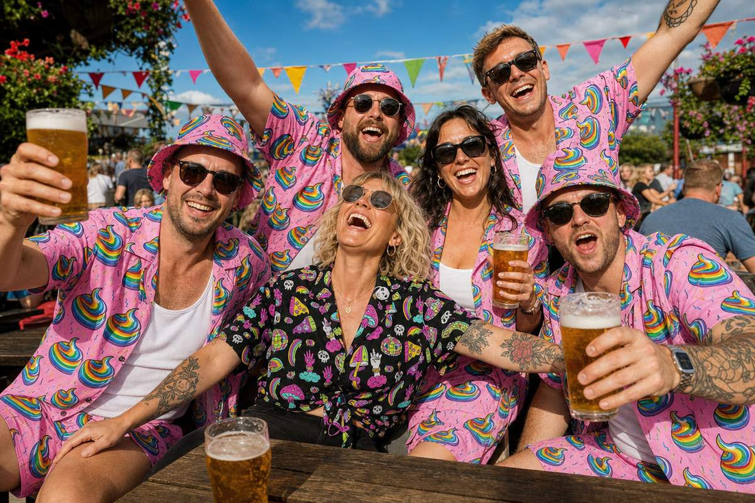 Group in matching co-ord sets raising drinks in a sunny beer garden
