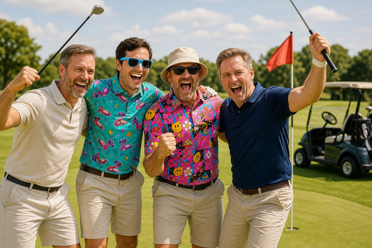 Four mates in loud, colourful golf polo shirts laughing together on a golf course