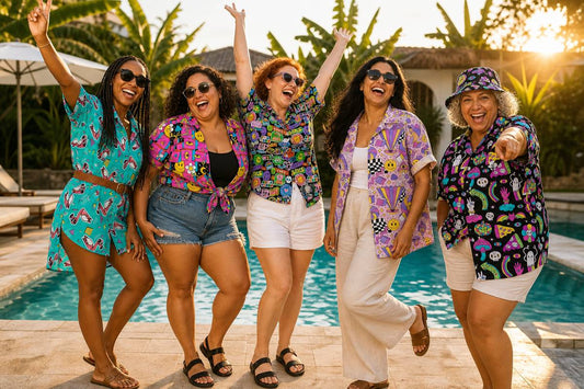 Five women on holiday by a pool wearing bold printed shit shirts styled five different ways