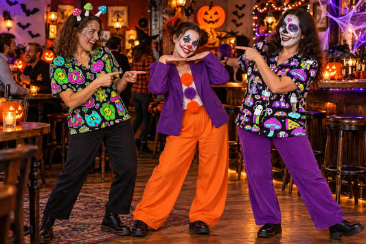 Friends at a Halloween party wearing Black Out Mushroom as a fungal zombie, a creepy clown outfit, and Shroom with skull makeup.