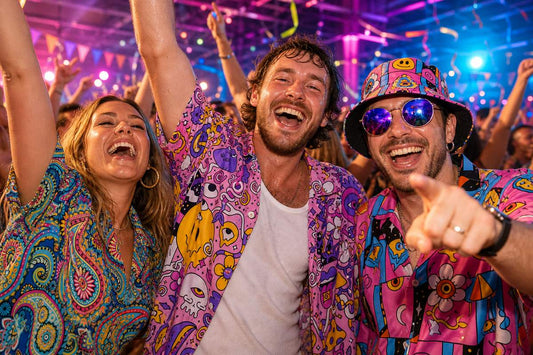 Group of friends in bright psychedelic loud shirts laughing together at a warehouse rave, showing what to wear to a rave