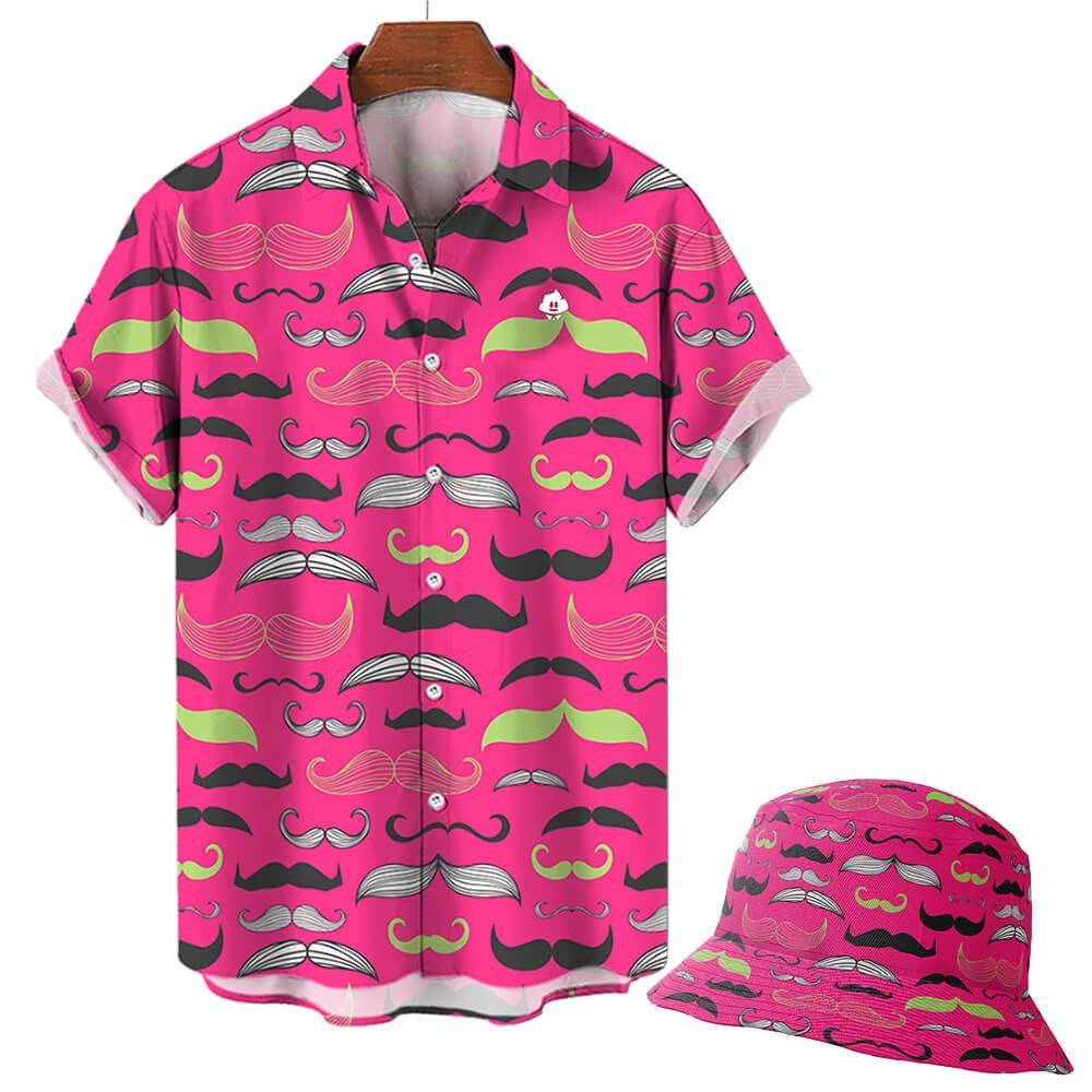A bright pink Movember Shirt with short sleeves, featuring a colorful mustache pattern, hangs on a hanger against a plain background. A matching bucket hat with the same playful design completes this bold look.