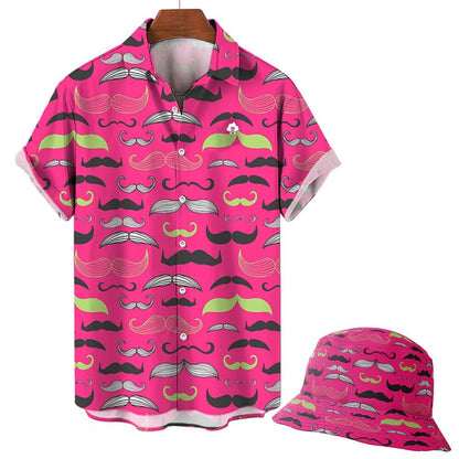 A bright pink Movember Shirt with short sleeves, featuring a colorful mustache pattern, hangs on a hanger against a plain background. A matching bucket hat with the same playful design completes this bold look.