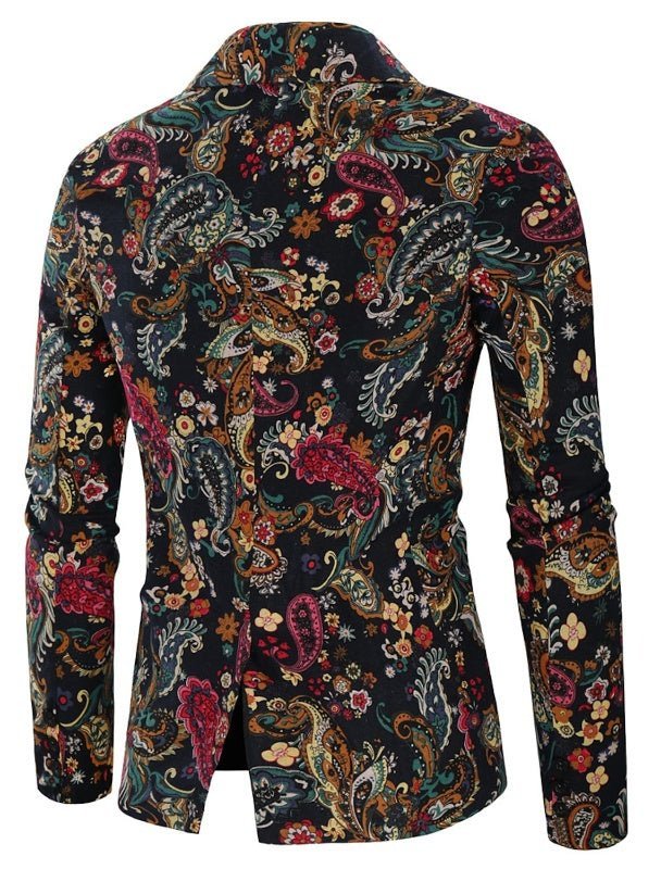 The Navy Floral Blazer features a slim fit and a vibrant paisley and floral pattern in red, yellow, green, and blue, shown from the back on a white background—ideal for bold mens fashion.