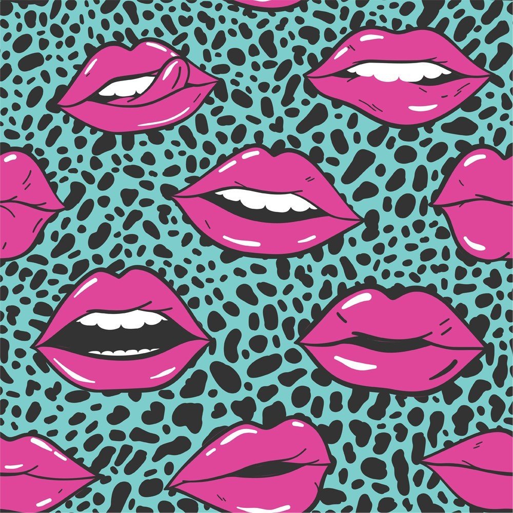 The Leopard Kiss Bad Shirt features a seamless pattern of pink cartoon lips with various expressions on a blue and black spotted background—ideal as a bold, conversation-starting shirt.