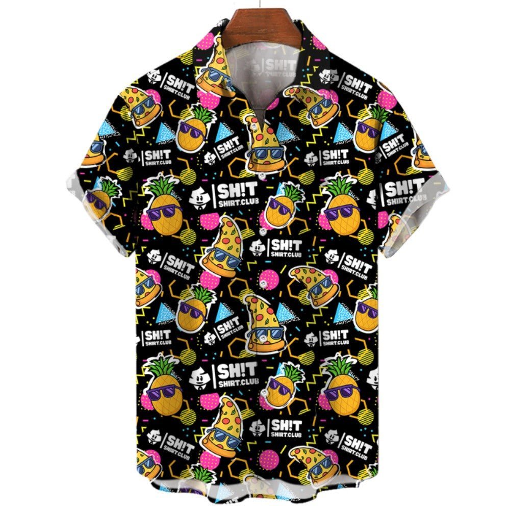 The Wanna Pizza This Shirt is a colorful button-up featuring cartoon pizza and pineapple slices in sunglasses, plus SH!T SHIRT CLUB and Bad Shirt Club text on a black background with bold neon accents.