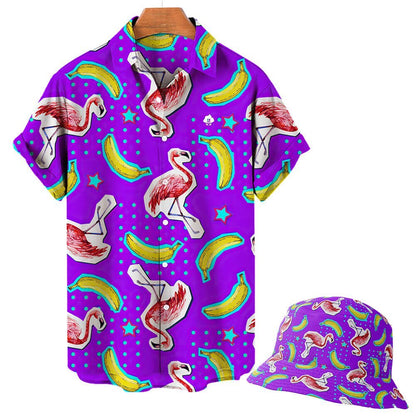 The Bananas For Flamingos Shirt and matching bucket hat feature a purple background with colorful flamingos, bananas, blue stars, and turquoise dots for a playful twist on the classic flamingo shirt.