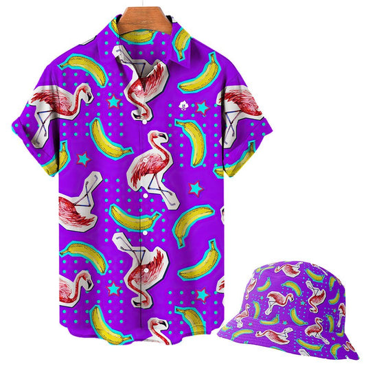 The Bananas For Flamingos Shirt and matching bucket hat feature a purple background with colorful flamingos, bananas, blue stars, and turquoise dots for a playful twist on the classic flamingo shirt.