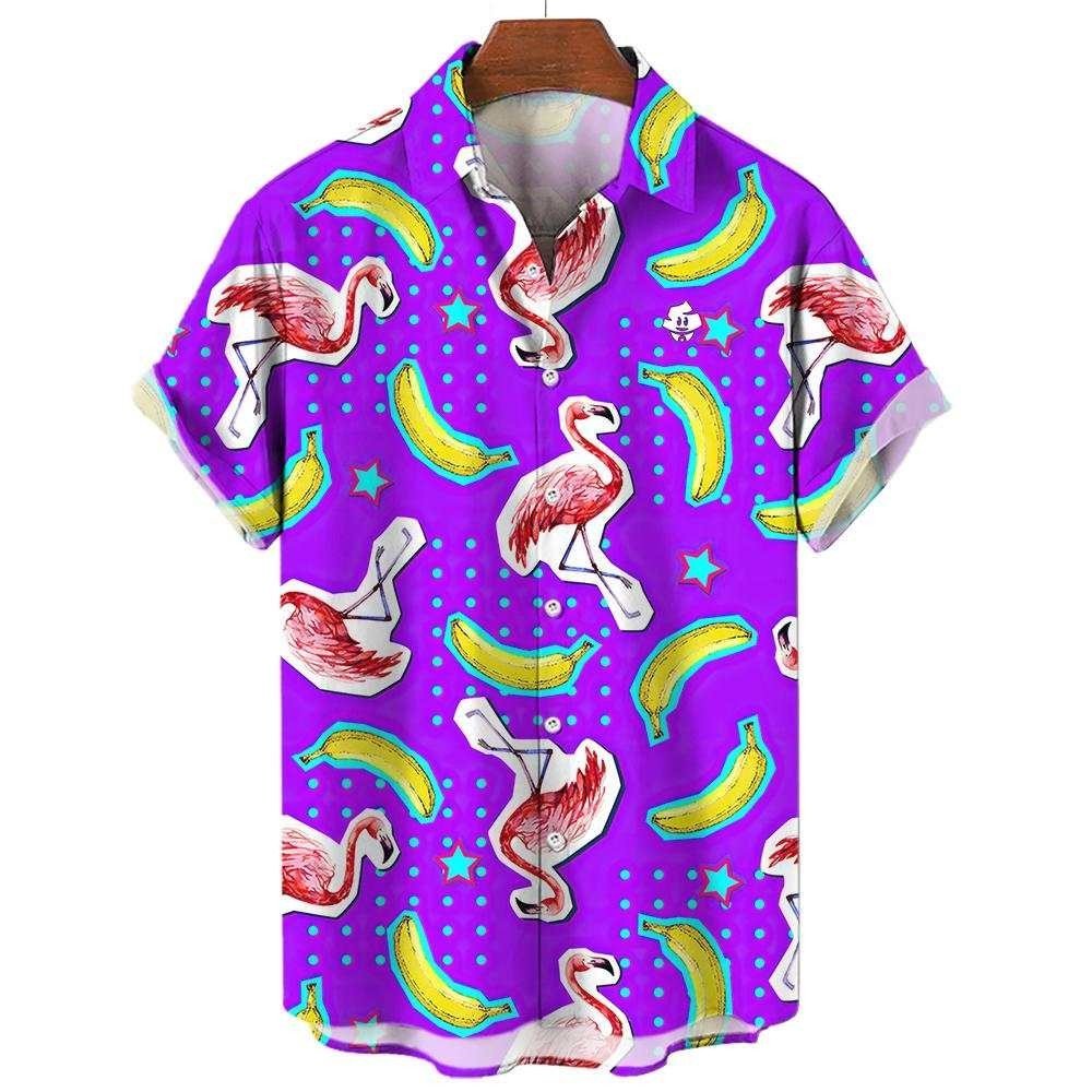 The Bananas For Flamingos Shirt is a short-sleeved, button-up party shirt with a bright purple background, playful pink flamingos, yellow bananas, green stars, and turquoise polka dots. Shown on a wooden hanger.