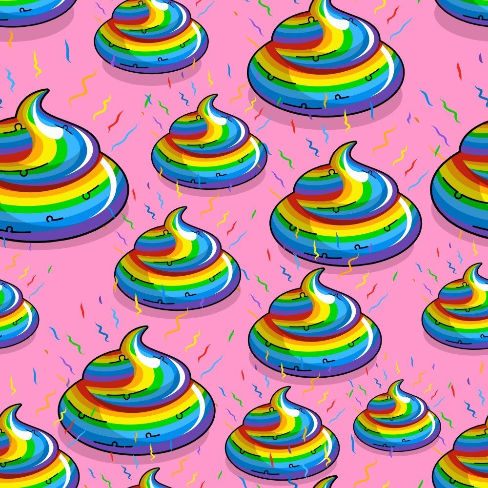 A seamless pattern of cartoon rainbow-colored poop emojis on pink with colorful wavy lines—perfect for adding quirky festival flair to the Unicorn Poo Bucket Hat. The emojis repeat across the design for extra fun.