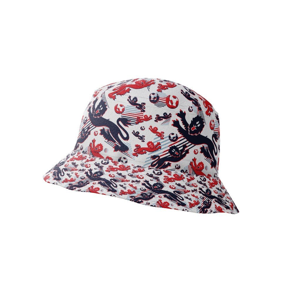 A white bucket hat with a fun black and red abstract animal pattern, ideal for wearing with your England Football Hawaiian Shirt on match day.
