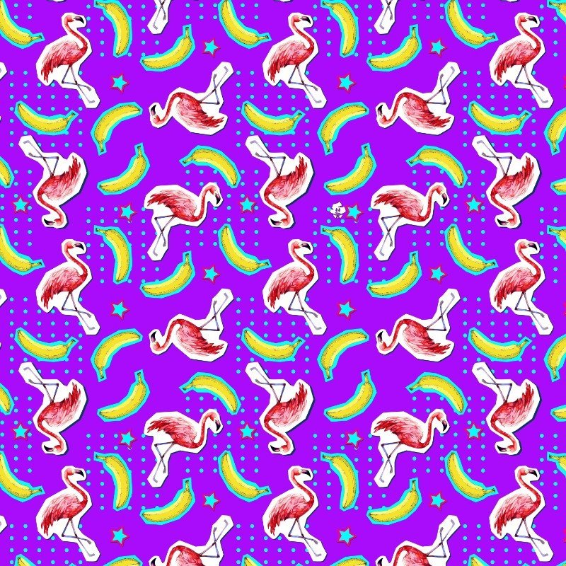 The Bananas For Flamingos Shirt features a seamless pattern of pink flamingos, yellow bananas, rainbows, stars, and blue polka dots on a bright purple background—an ideal novelty party shirt for any fun occasion.