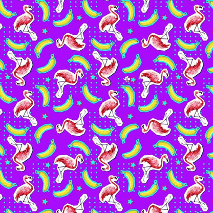 The Bananas For Flamingos Shirt features a seamless pattern of pink flamingos, yellow bananas, rainbows, stars, and blue polka dots on a bright purple background—an ideal novelty party shirt for any fun occasion.