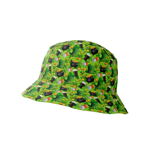 The St Patrick’s Day Bucket Hat is green with a vibrant white background, decorated with black, purple, and yellow donuts, kettlebells, and coffee cup graphics.