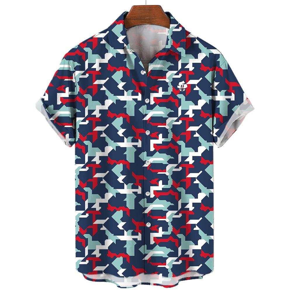 The Combat2Coffee Army Camo Shirt is a short-sleeve button-up featuring a blue, white, red, and light gray geometric camo pattern—ideal for supporting veterans and mental health awareness. Neatly displayed on a wooden hanger.