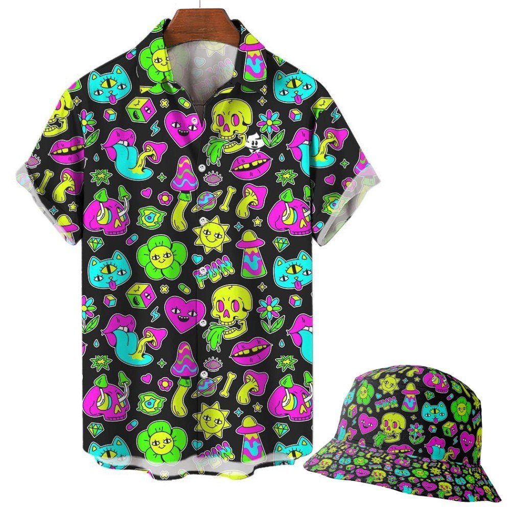The Black Out Mushroom Shirt is a short-sleeve button-up with a matching bucket hat, both featuring a colorful festival pattern of skulls, flowers, mushrooms, hearts, stars, and cartoon faces.