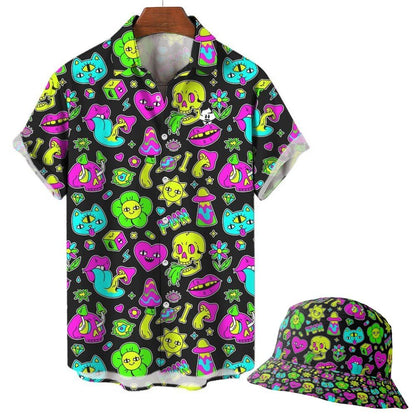 The Black Out Mushroom Shirt is a short-sleeve button-up with a matching bucket hat, both featuring a colorful festival pattern of skulls, flowers, mushrooms, hearts, stars, and cartoon faces.