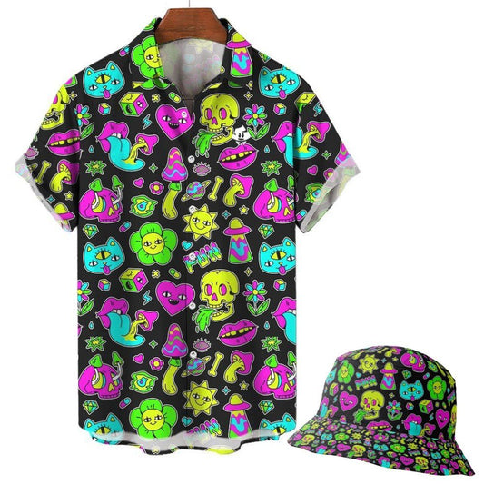 The Black Out Mushroom Shirt is a short-sleeve button-up with a matching bucket hat, both featuring a colorful festival pattern of skulls, flowers, mushrooms, hearts, stars, and cartoon faces.