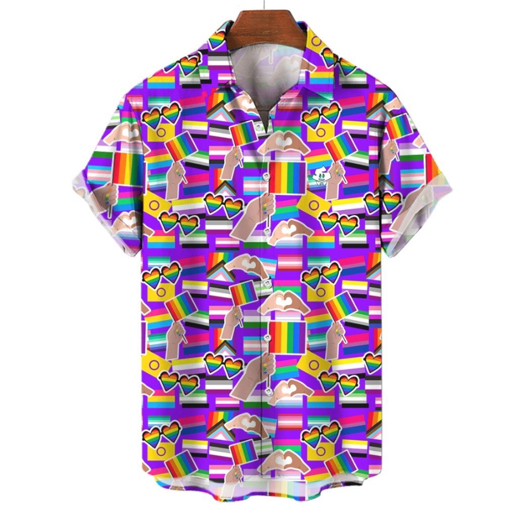The LGBTQ Pride Shirt is a colorful short-sleeve button-up featuring hands holding pride flags, multicolored hearts, clouds, and geometric shapes on a vibrant background—perfect for any pride parade or celebration.