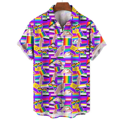 The LGBTQ Pride Shirt is a colorful short-sleeve button-up featuring hands holding pride flags, multicolored hearts, clouds, and geometric shapes on a vibrant background—perfect for any pride parade or celebration.