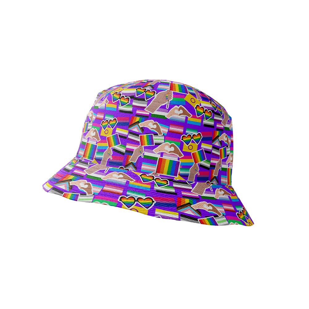 A colorful bucket hat with rainbow hearts, cubes with clouds, and sunglass-wearing brown rabbits on purple—an ideal match for the LGBTQ Pride Shirt.