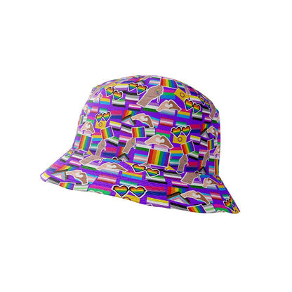 A colorful bucket hat with rainbow hearts, cubes with clouds, and sunglass-wearing brown rabbits on purple—an ideal match for the LGBTQ Pride Shirt.