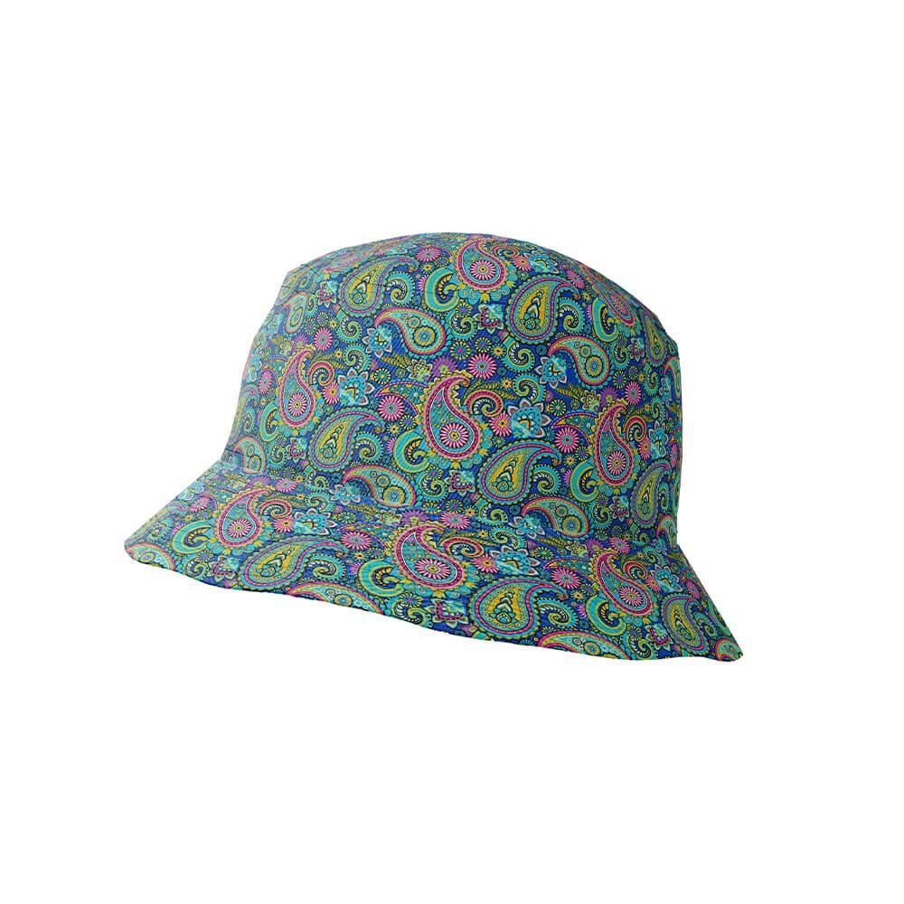 The Psychedelic Explorer Bucket Hat showcases a vibrant paisley design in green, blue, pink, and yellow on white—a fun and colorful accessory for festivals.