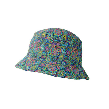 The Psychedelic Explorer Bucket Hat showcases a vibrant paisley design in green, blue, pink, and yellow on white—a fun and colorful accessory for festivals.