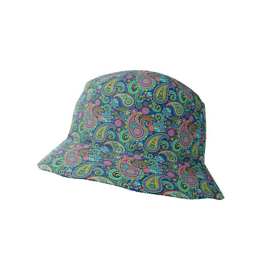The Psychedelic Explorer Bucket Hat showcases a vibrant paisley design in green, blue, pink, and yellow on white—a fun and colorful accessory for festivals.