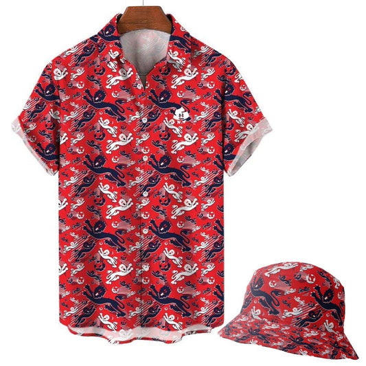 Turn heads in the Red England FC Hawaiian Shirt—a bold short-sleeve button-up and matching bucket hat set, featuring a vivid red design with white and dark blue stylized rabbits and streaks, perfect for devoted fans.