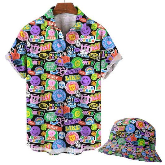 The Retro Sticker Shirt is a short-sleeved button-up with a white background featuring colorful cartoon words like LIKE, GOOD, SMILE, plus emojis, stars, hearts, and playful icons—nostalgic style perfect for fun looks.