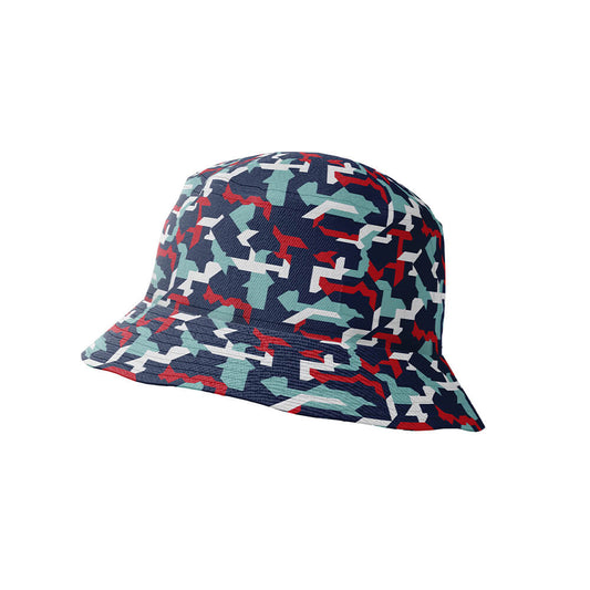 The Combat2Coffee Army Camo Bucket Hat is a lightweight bucket hat with a vibrant camo pattern in blue, white, gray, and red, shown against a plain white background.