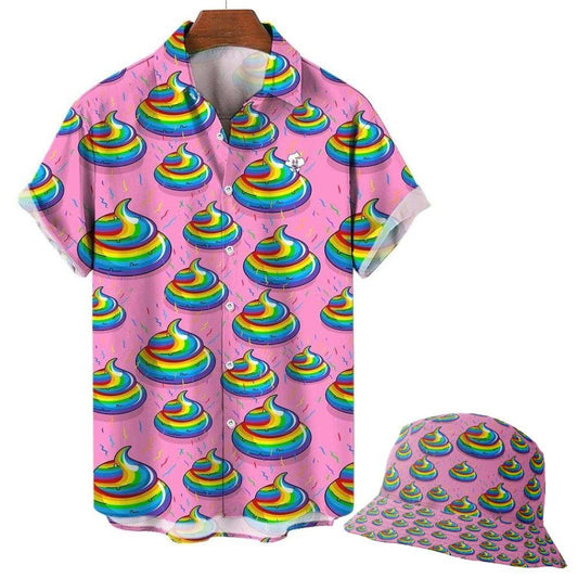 The Unicorn Poo Bucket Hat features a rainbow-colored poop emoji and confetti pattern, perfectly matching the pink short-sleeve button-up shirt for a fun, festive look. The shirt is displayed on a wooden hanger, ready for your next festival.