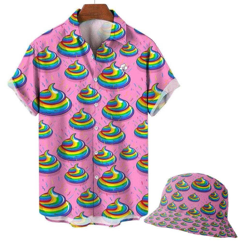 The Unicorn Poo Bucket Hat features a rainbow-colored poop emoji and confetti pattern, perfectly matching the pink short-sleeve button-up shirt for a fun, festive look. The shirt is displayed on a wooden hanger, ready for your next festival.