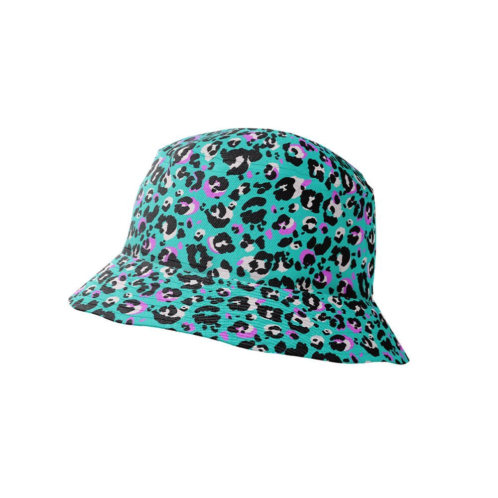 A turquoise bucket hat with black and purple leopard print matches the bold Turquoise Tempest Leopard Print Shirt, while its wide brim adds a stylish, casual touch.