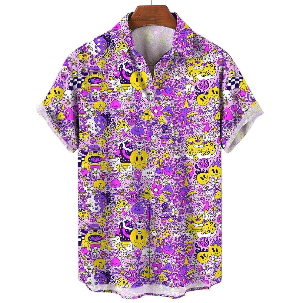 The Magical Psychedelic Shirt is a short-sleeve button-up with colorful yellow smiley faces, purple swirls, and doodles on white. Its vibrant, playful design adds instant charm to any bold fashion collection.