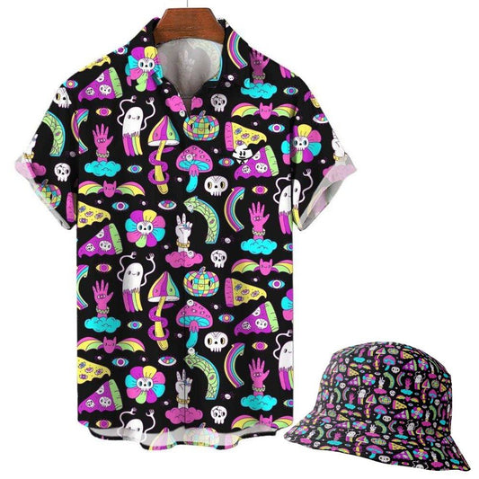 The Shroom Bucket Hat features a black base covered in colorful cartoon designs like skulls, rainbows, mushrooms, clouds, stars, pizza slices, and playful shapes.