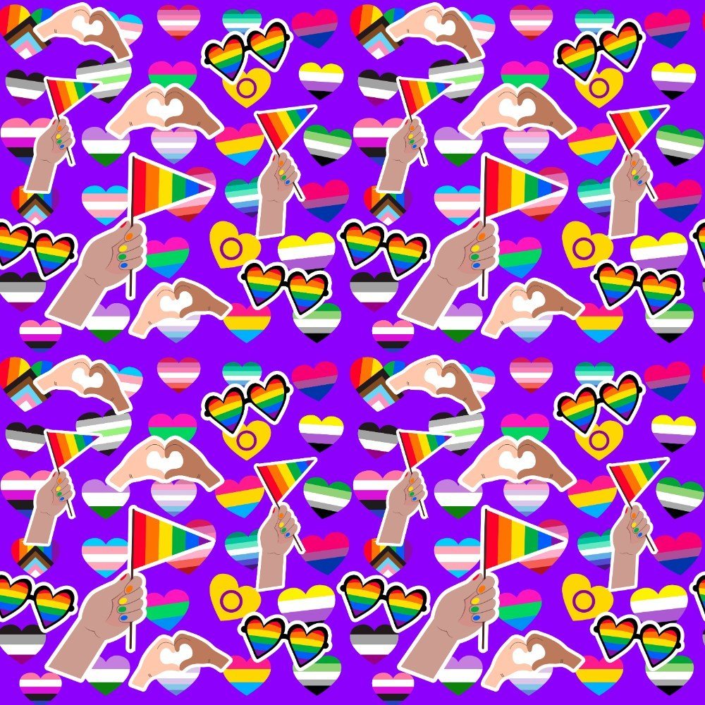 The LGBTQ Pride Shirt features a vibrant seamless pattern on purple, showcasing pride flags, rainbow flag shirts, heart sunglasses, hand hearts, and various LGBTQIA+ symbols and themed hearts.