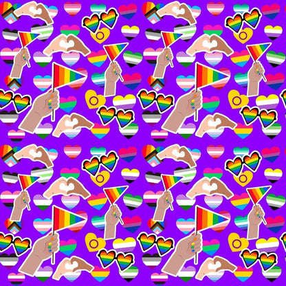 The LGBTQ Pride Shirt features a vibrant seamless pattern on purple, showcasing pride flags, rainbow flag shirts, heart sunglasses, hand hearts, and various LGBTQIA+ symbols and themed hearts.